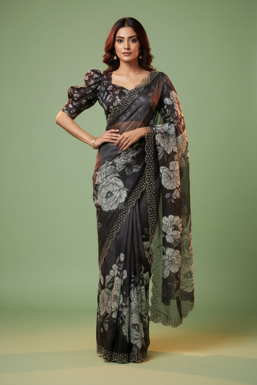 Organza Saree-Floral Print
