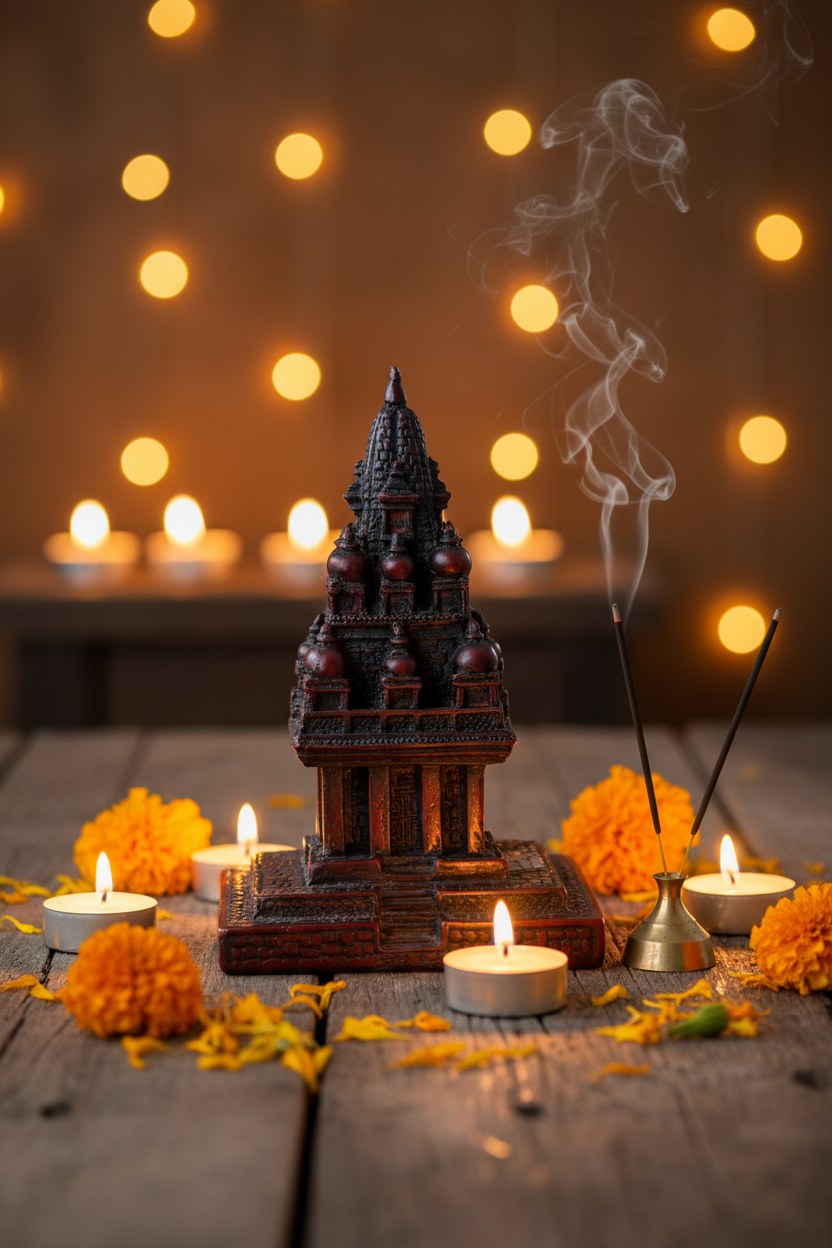 Krishna Mandir Bhaktapur replica lifestyle shot with marigolds and incense, warm candlelight