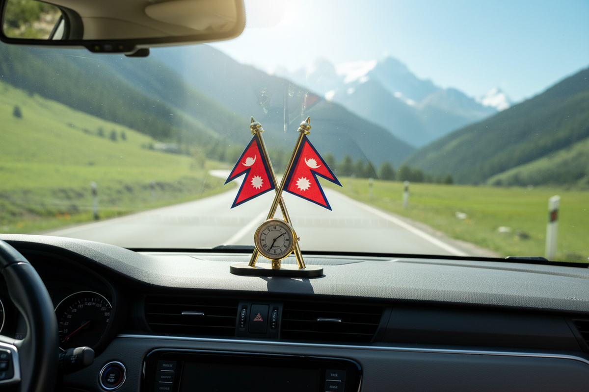 Nepal Flag Clock Ornament on car dashboard